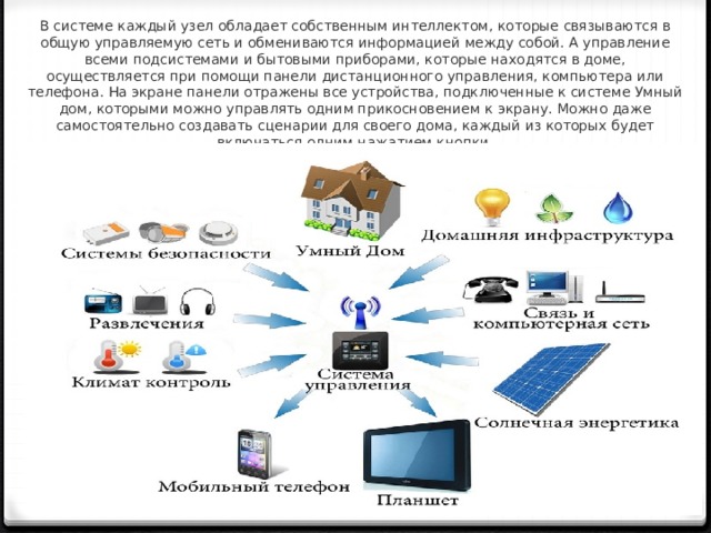 В системе каждый узел обладает собственным интеллектом, которые связываются в общую управляемую сеть и обмениваются информацией между собой. А управление всеми подсистемами и бытовыми приборами, которые находятся в доме, осуществляется при помощи панели дистанционного управления, компьютера или телефона. На экране панели отражены все устройства, подключенные к системе Умный дом, которыми можно управлять одним прикосновением к экрану. Можно даже самостоятельно создавать сценарии для своего дома, каждый из которых будет включаться одним нажатием кнопки. 