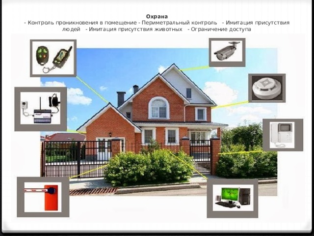 Охрана  - Контроль проникновения в помещение - Периметральный контроль   - Имитация присутствия людей   - Имитация присутствия животных   - Ограничение доступа   