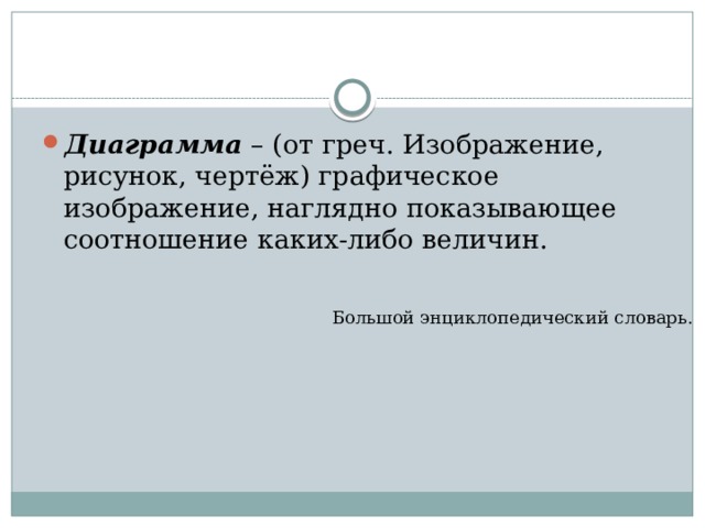 Диаграмма – (от греч. Изображение, рисунок, чертёж) графическое изображение, наглядно показывающее соотношение каких-либо величин. Большой энциклопедический словарь. 