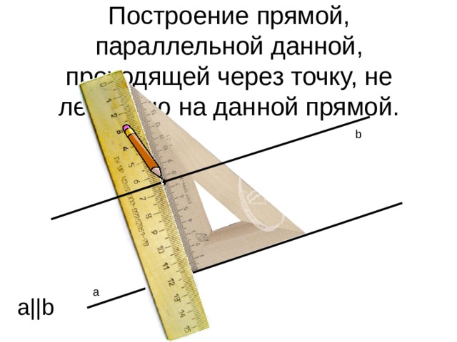 Построение прямой, параллельной данной, проходящей через точку, не лежащую на данной прямой. b a ||b 