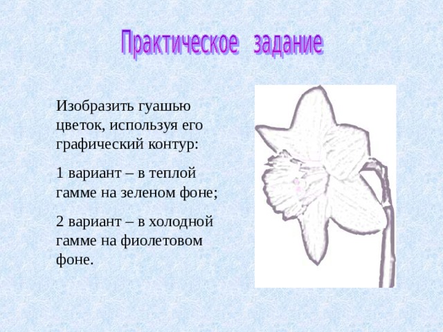Изобразить гуашью цветок, используя его графический контур: 1 вариант – в теплой гамме на зеленом фоне; 2 вариант – в холодной гамме на фиолетовом фоне. 