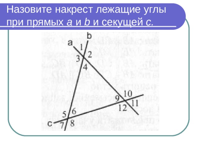 Назовите накрест лежащие углы при прямых а и b  и секущей с.  