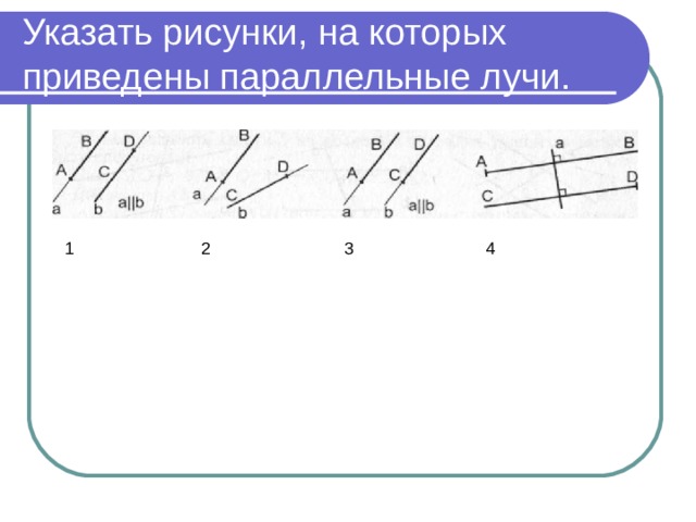 Указать рисунки, на которых приведены параллельные лучи. 2 1 3 4 