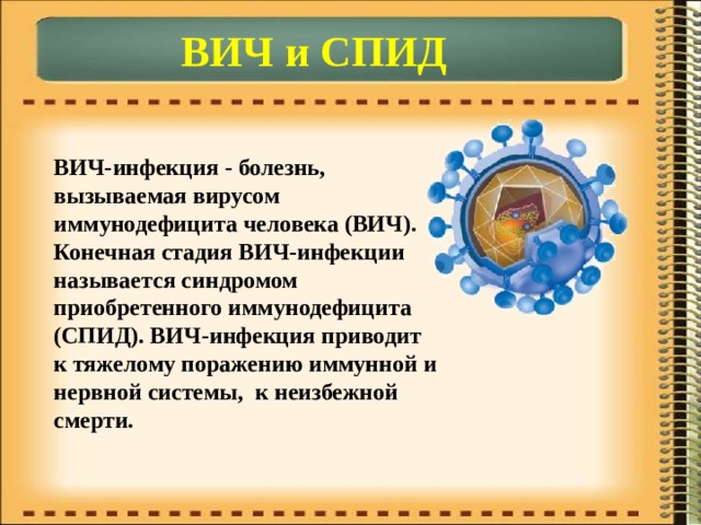 ВИЧ и СПИД ВИЧ-инфекция - болезнь, вызываемая вирусом иммунодефицита человека (ВИЧ). Конечная стадия ВИЧ-инфекции называется синдромом приобретенного иммунодефицита (СПИД). ВИЧ-инфекция приводит к тяжелому поражению иммунной и нервной системы, к неизбежной смерти. 