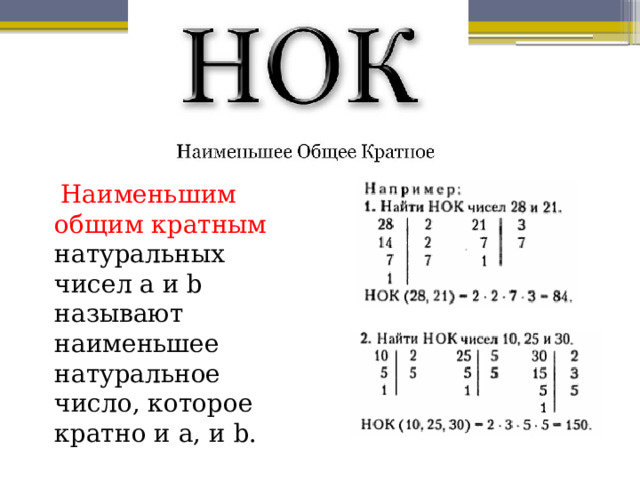  Наименьшим общим кратным натуральных чисел a и b называют наименьшее натуральное число, которое кратно и a, и b. 