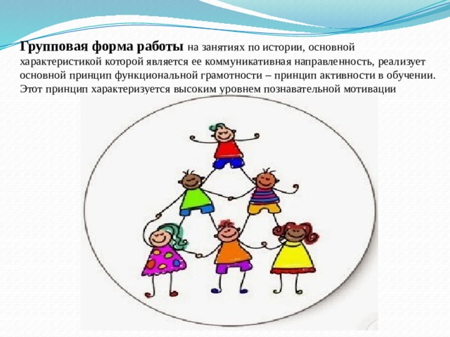 Групповая форма работы на занятиях по истории, основной характеристикой которой является ее коммуникативная направленность, реализует основной принцип функциональной грамотности – принцип активности в обучении. Этот принцип характеризуется высоким уровнем познавательной мотивации    