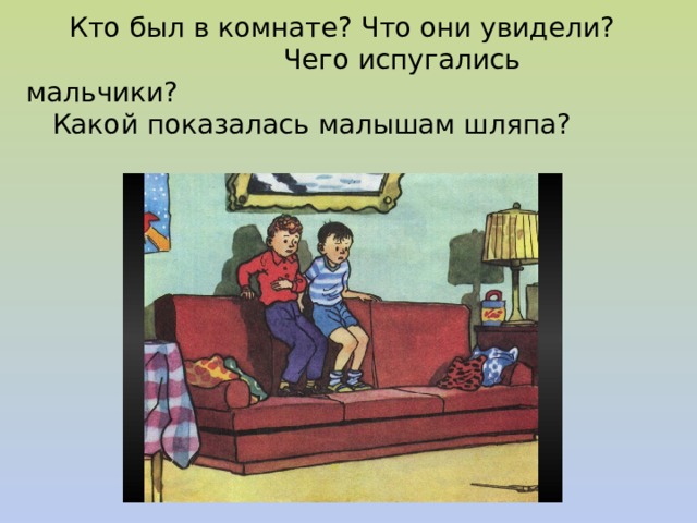  Кто был в комнате? Что они увидели? Чего испугались мальчики?  Какой показалась малышам шляпа? 