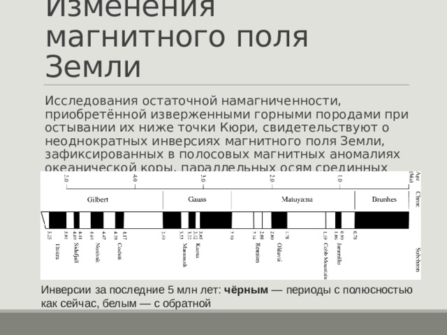 Изменения магнитного поля Земли Исследования остаточной намагниченности, приобретённой изверженными горными породами при остывании их ниже точки Кюри, свидетельствуют о неоднократных инверсиях магнитного поля Земли, зафиксированных в полосовых магнитных аномалиях океанической коры, параллельных осям срединных океанических хребтов. Инверсии за последние 5 млн лет:  чёрным  — периоды с полюсностью как сейчас, белым — с обратной 