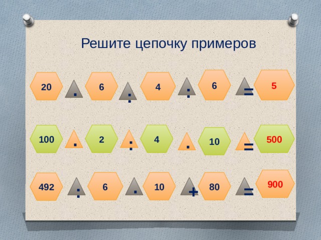 Решите цепочку примеров 6 5 6 20 4 : = ∙ : 2 4 500 100 10 : ∙ = ∙ 900 6 10 80 492 + ∙ : = 