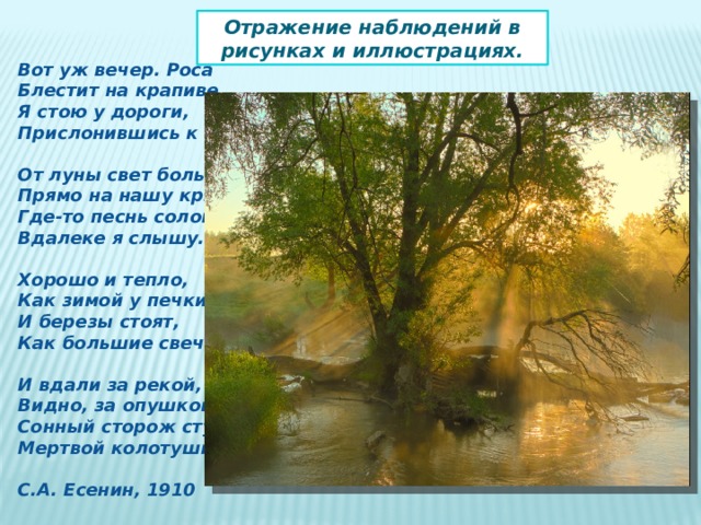 Отражение наблюдений в рисунках и иллюстрациях. Вот уж вечер. Роса Блестит на крапиве. Я стою у дороги, Прислонившись к иве.  От луны свет большой Прямо на нашу крышу. Где-то песнь соловья Вдалеке я слышу.  Хорошо и тепло, Как зимой у печки. И березы стоят, Как большие свечки.  И вдали за рекой, Видно, за опушкой. Сонный сторож стучит Мертвой колотушкой.  С.А. Есенин, 1910 