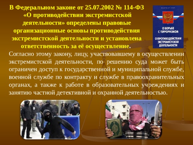 В Федеральном законе от 25.07.2002 № 114-ФЗ  «О противодействии экстремистской деятельности» определены правовые организационные основы противодействия экстремистской деятельности и установлена ответственность за её осуществление . Согласно этому закону, лицу, участвовавшему в осуществлении экстремистской деятельности, по решению суда может быть ограничен доступ к государственной и муниципальной службе, военной службе по контракту и службе в правоохранительных органах, а также к работе в образовательных учреждениях и занятию частной детективной и охранной деятельностью. 