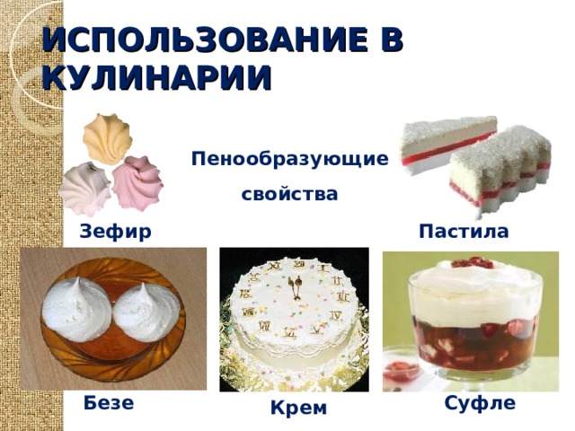 ИСПОЛЬЗОВАНИЕ В КУЛИНАРИИ Пенообразующие  свойства Зефир Пастила Безе Суфле Крем 