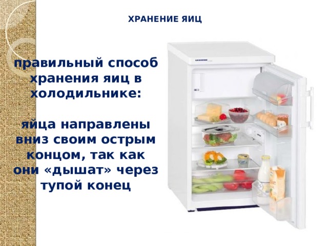 ХРАНЕНИЕ ЯИЦ правильный способ хранения яиц в холодильнике:  яйца направлены вниз своим острым концом, так как они «дышат» через тупой конец 