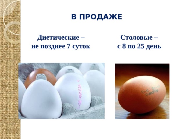В ПРОДАЖЕ Диетические – не позднее 7 суток Столовые – с 8 по 25 день 