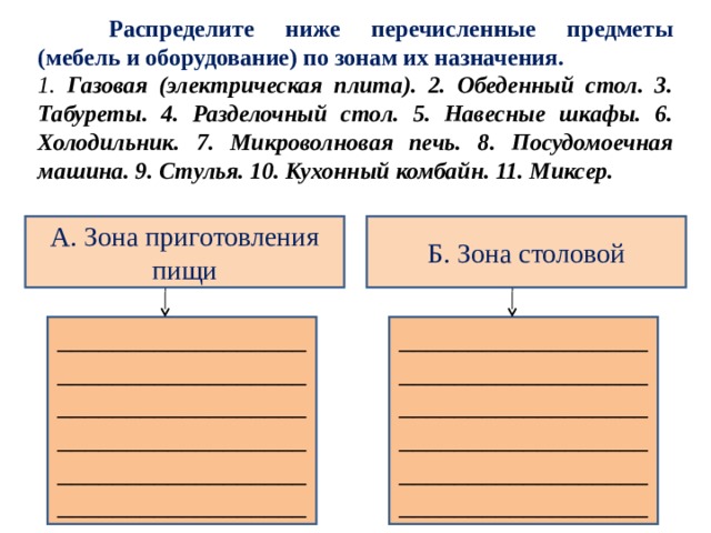  Распределите ниже перечисленные предметы (мебель и оборудование) по зонам их назначения.  1. Газовая (электрическая плита). 2. Обеденный стол. 3. Табуреты. 4. Разделочный стол. 5. Навесные шкафы. 6. Холодильник. 7. Микроволновая печь. 8. Посудомоечная машина. 9. Стулья. 10. Кухонный комбайн. 11. Миксер. А. Зона приготовления пищи Б. Зона столовой ____________________________________________________________________________________________________________ ____________________________________________________________________________________________________________ 