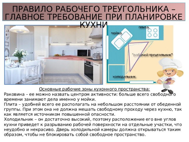 ПРАВИЛО РАБОЧЕГО ТРЕУГОЛЬНИКА – ГЛАВНОЕ ТРЕБОВАНИЕ ПРИ ПЛАНИРОВКЕ КУХНИ Основные рабочие зоны кухонного пространства: Раковина  – ее можно назвать центром активности: больше всего свободного времени занимают дела именно у мойки.  Плита  –   удобней всего ее располагать на небольшом расстоянии от обеденной группы. При этом она не должна мешать свободному проходу через кухню, так как является источником повышенной опасности.  Холодильник  – он достаточно высокий, поэтому расположение его вне углов кухни приведет к разрыванию рабочей поверхности на отдельные участки, что неудобно и некрасиво. Дверь холодильной камеры должна открываться таким образом, чтобы не блокировать собой свободное пространство. 