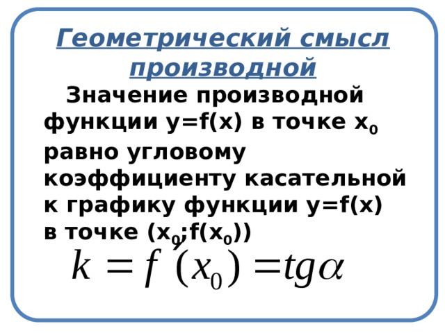 Геометрический смысл производной   Значение производной функции y=f(х) в точке х 0 равно угловому коэффициенту касательной к графику функции y=f(х) в точке (х 0 ;f(x 0 )) 