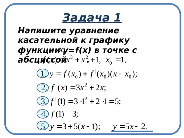Задача 1  Напишите уравнение касательной к графику функции у=f(x) в точке с абсциссой .  