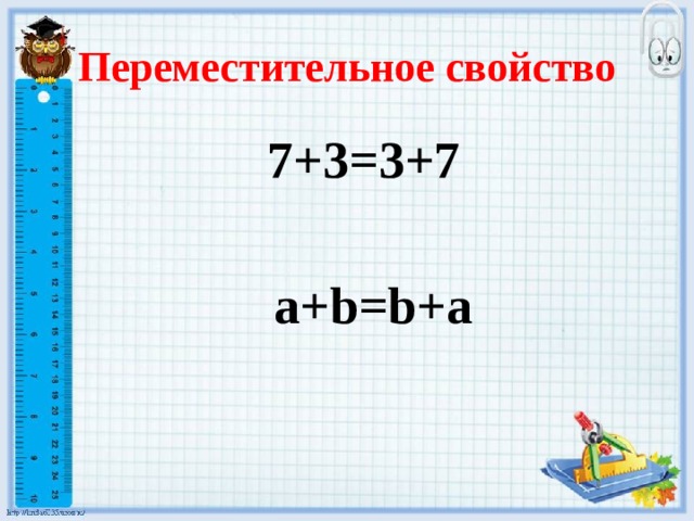 Переместительное свойство  7+3=3+7   a+b=b+a 