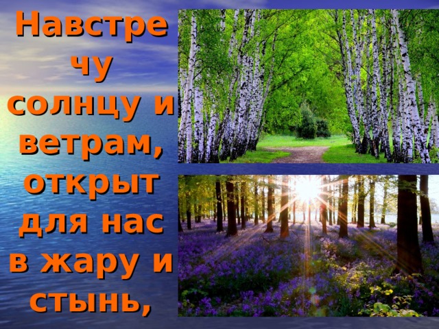Навстречу солнцу и ветрам, открыт для нас в жару и стынь, 