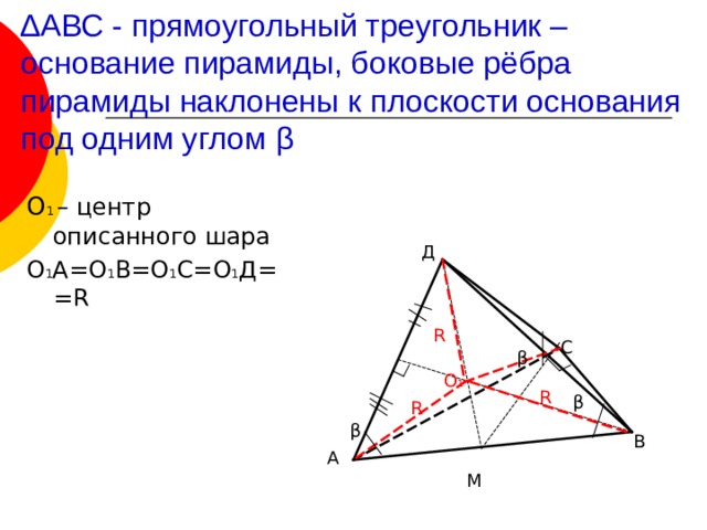 ∆ АВС - прямоугольный треугольник – основание пирамиды, боковые рёбра пирамиды наклонены к плоскости основания под одним углом β О 1 – центр описанного шара О 1 А=О 1 В=О 1 С=О 1 Д= =R Д R С β О 1 R β R β В А М 