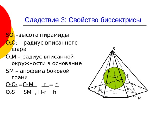 Следствие 3: Свойство биссектрисы SO 1 – высота пирамиды О 2 О 1 – радиус вписанного шара О 1 М – радиус вписанной окружности в основание SM – апофема боковой грани О 1 О 2  = О 1 М  . r = r 1 О 2 S SM , H-r h S H h О 2 r α α О 1 r 1 М 