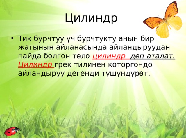 Цилиндр Тик бурчтуу үч бурчтукту анын бир жагынын айланасында айландыруудан пайда болгон тело цилиндр деп аталат. Цилиндр грек тилинен которгондо айландыруу дегенди түшүндүрөт. 