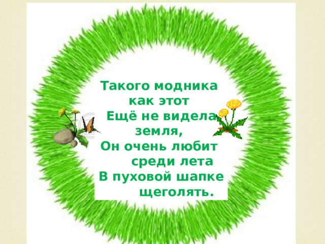 Такого модника как этот Ещё не видела земля, Он очень любит  среди лета В пуховой шапке  щеголять. 