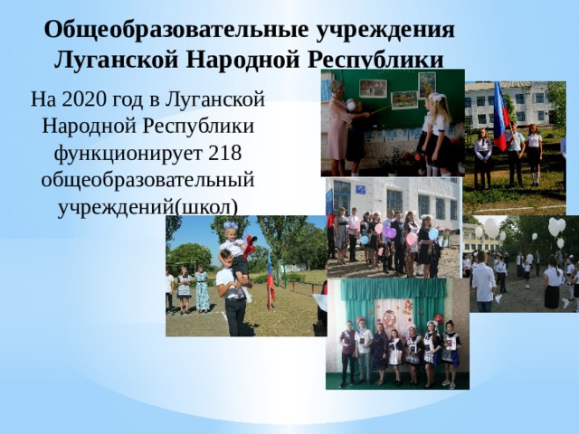 Общеобразовательные учреждения Луганской Народной Республики На 2020 год в Луганской Народной Республики функционирует 218 общеобразовательный учреждений(школ)  