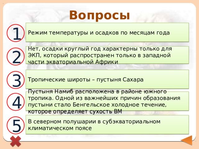 Вопросы Режим температуры и осадков по месяцам года 1 Нет, осадки круглый год характерны только для ЭКП, который распространен только в западной части экваториальной Африки 2 Тропические широты – пустыня Сахара 3 Пустыня Намиб расположена в районе южного тропика. Одной из важнейших причин образования пустыни стало Бенгельское холодное течение, которое определяет сухость ВМ 4 В северном полушарии в субэкваториальном климатическом поясе 5 