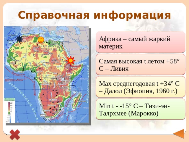 Справочная информация Африка – самый жаркий материк Самая высокая t летом +58° С – Ливия Max среднегодовая t +34° С – Далол (Эфиопия, 1960 г.) Min t - -15° С – Тизи-эн-Талрхмее (Марокко) 