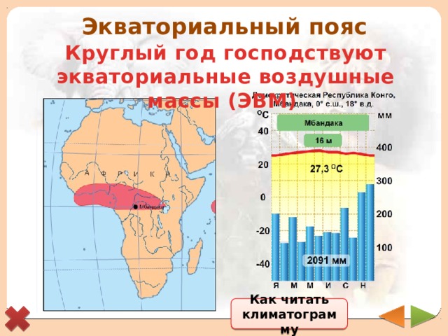 Экваториальный пояс Круглый год господствуют экваториальные воздушные массы (ЭВМ) Как читать климатограмму 