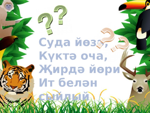 Суда йөзә, Күктә оча, Җирдә йөри Ит белән сыйлый 