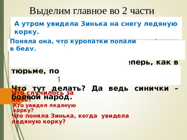 Выделим главное во 2 части А утром увидела Зинька на снегу ледяную корку.  Утром ищет Зинька куропаток. Нигде их не видно. А там, где они вечером в снег нырнули, наст блестит – ледяная корка. Поняла Зинька, в какую беду попали куропатки: сидят теперь, как в тюрьме, под ледяной крышей и выйти не могут. Пропадут там все до одной! Что тут делать? Да ведь синички – боевой народ. Поняла она, что куропатки попали в беду. Что случилось за ночь? Кто увидел ледяную корку? Что поняла Зинька, когда увидела ледяную корку? 