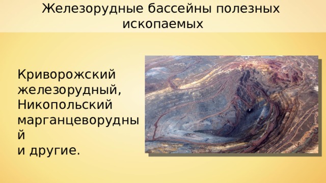 Железорудные  бассейны полезных ископаемых Криворожский железорудный, Никопольский марганцеворудный и другие. 