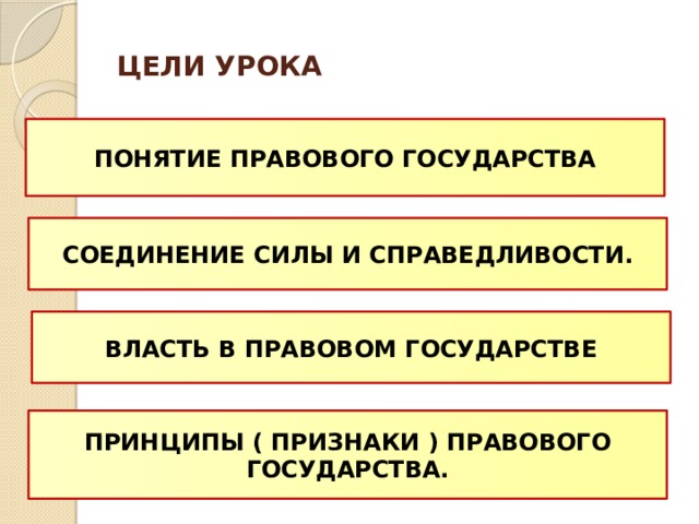 ЦЕЛИ УРОКА ПОНЯТИЕ ПРАВОВОГО ГОСУДАРСТВА СОЕДИНЕНИЕ СИЛЫ И СПРАВЕДЛИВОСТИ. ВЛАСТЬ В ПРАВОВОМ ГОСУДАРСТВЕ ПРИНЦИПЫ ( ПРИЗНАКИ ) ПРАВОВОГО ГОСУДАРСТВА.  