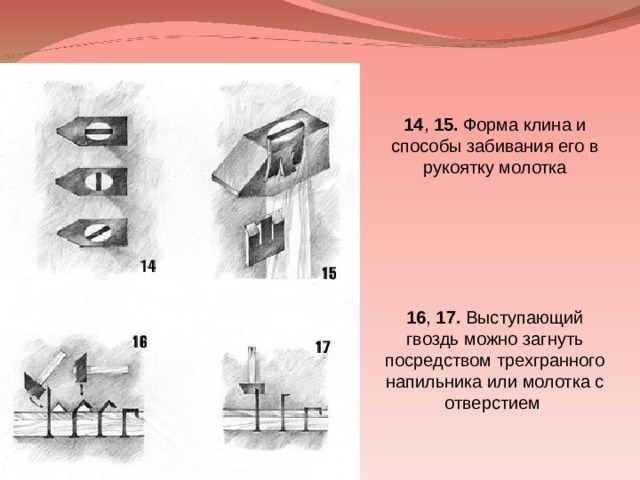 14 , 15. Форма клина и способы забивания его в рукоятку молотка  16 , 17. Выступающий гвоздь можно загнуть посредством трехгранного напильника или молотка с отверстием 