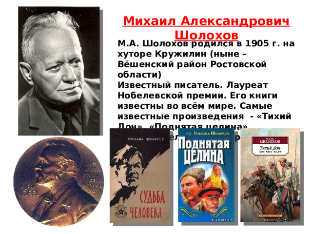 Михаил Александрович Шолохов М.А. Шолохов родился в 1905 г. на хуторе Кружилин (ныне – Вёшенский район Ростовской области) Известный писатель. Лауреат Нобелевской премии. Его книги известны во всём мире. Самые известные произведения - «Тихий Дон», «Поднятая целина», «Судьба человека» и др. 