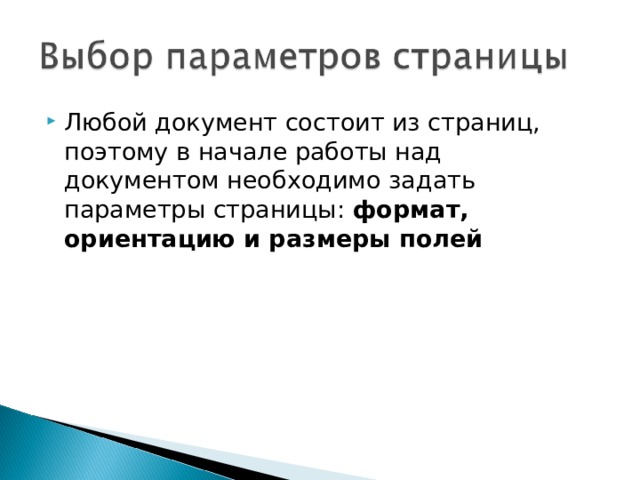 Любой документ состоит из страниц, поэтому в начале работы над документом необходимо задать параметры страницы: формат, ориентацию и размеры полей  