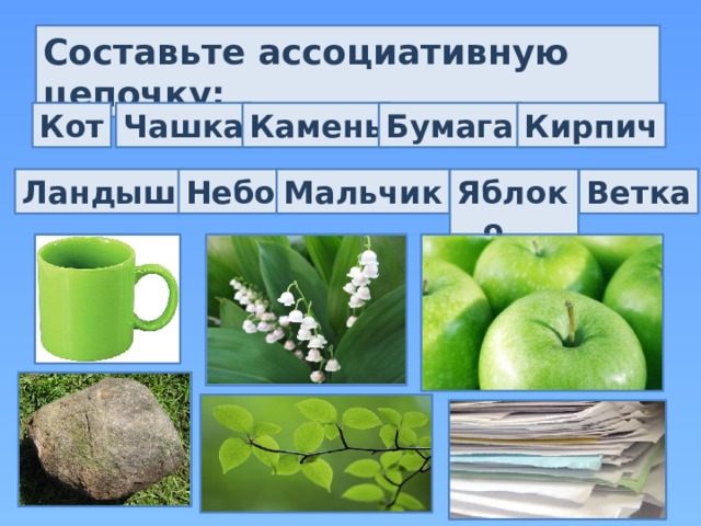 Составьте ассоциативную цепочку: Кот Чашка Камень Бумага Кирпич Яблоко Мальчик Ветка Небо Ландыш 