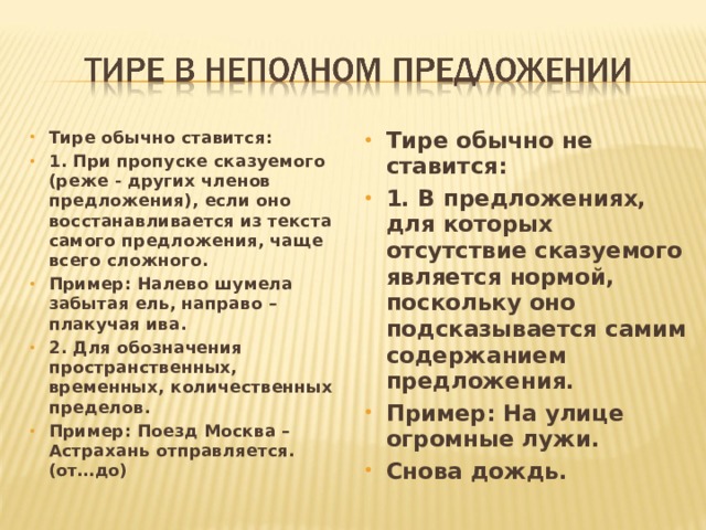 Тире обычно ставится: 1. При пропуске сказуемого (реже - других членов предложения), если оно восстанавливается из текста самого предложения, чаще всего сложного. Пример: Налево шумела забытая ель, направо – плакучая ива. 2. Для обозначения пространственных, временных, количественных пределов. Пример: Поезд Москва – Астрахань отправляется. (от…до)  Тире обычно не ставится: 1. В предложениях, для которых отсутствие сказуемого является нормой, поскольку оно подсказывается самим содержанием предложения. Пример: На улице огромные лужи. Снова дождь. 