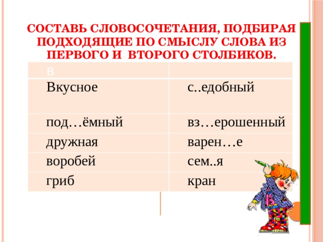 Составь словосочетания, подбирая подходящие по смыслу слова из первого и второго столбиков.   в Вкусное с..едобный под…ёмный вз…ерошенный дружная варен…е воробей сем..я гриб кран 