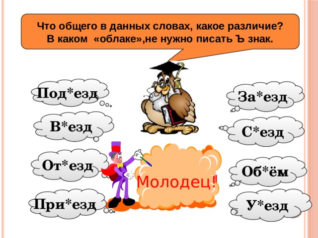 Что общего в данных словах, какое различие? В каком «облаке»,не нужно писать Ъ знак. Под*езд За*езд В*езд С*езд От*езд Об*ём Подумай! Молодец! У*езд При*езд 