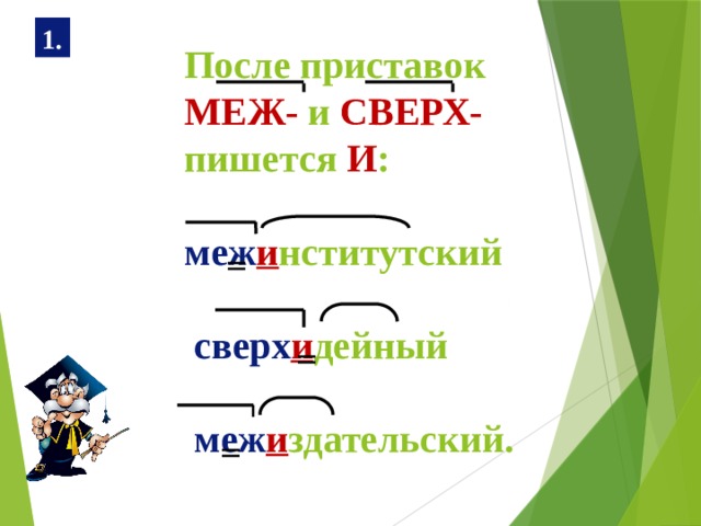 1. После приставок  МЕЖ- и СВЕРХ-   пишется И :   меж и нститутский    сверх и дейный    меж и здательский.   