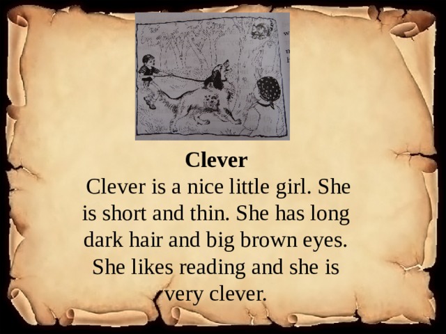 . Clever  Clever is a nice little girl. She is short and thin. She has long dark hair and big brown eyes. She likes reading and she is very clever. 