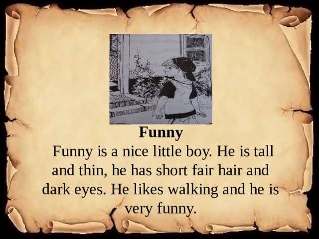Funny  Funny is a nice little boy. He is tall and thin, he has short fair hair and dark eyes. He likes walking and he is very funny. 