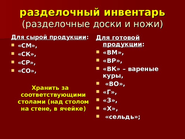 разделочный инвентарь (разделочные доски и ножи) Для сырой продукции : Для готовой продукции : «СМ», «СК», «СР», «СО», «ВМ», «ВР», «ВК» – вареные куры,  «ВО», «Г», «З», «Х»,  «сельдь»;  Хранить за соответствующими столами (над столом на стене, в ячейке) 
