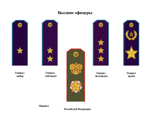 Высшие офицеры   Генерал  Генерал  майор лейтенант  Генерал Генерал полковник  армии Маршал Российской Федерации 