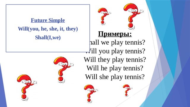 Future Simple Will(you, he, she, it, they)  Shall(I,we) Примеры:  Shall we play tennis?  Will you play tennis?  Will they play tennis?  Will he play tennis?  Will she play tennis? 