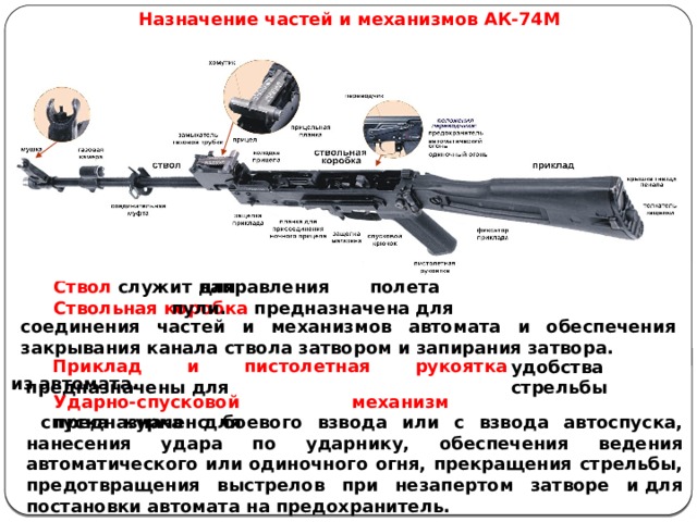 Назначение частей и механизмов АК-74М Ствол служит для Ствольная коробка предназначена для направления полета пули.    соединения частей и механизмов автомата и обеспечения закрывания канала ствола затвором и запирания затвора. Приклад и пистолетная рукоятка предназначены для удобства стрельбы из автомата. Ударно-спусковой механизм предназначен для    спуска курка с боевого взвода или с взвода автоспуска, нанесения удара по ударнику, обеспечения ведения автоматического или одиночного огня, прекращения стрельбы, предотвращения выстрелов при незапертом затворе и для постановки автомата на предохранитель. 